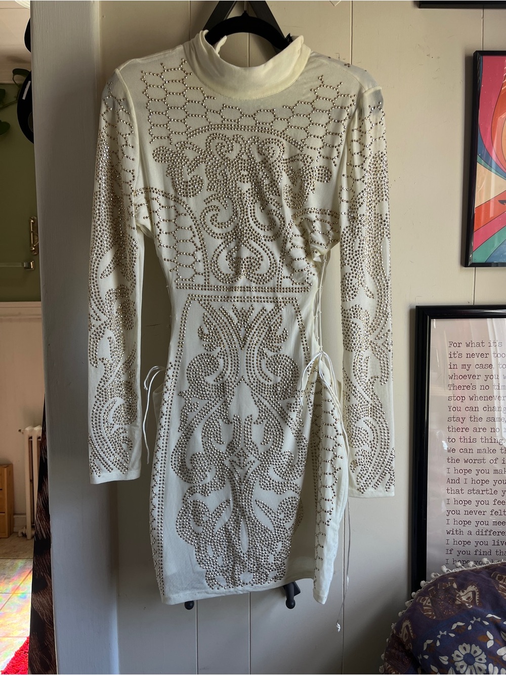 Banjul Cream Embellished High-Neck Mini Dress